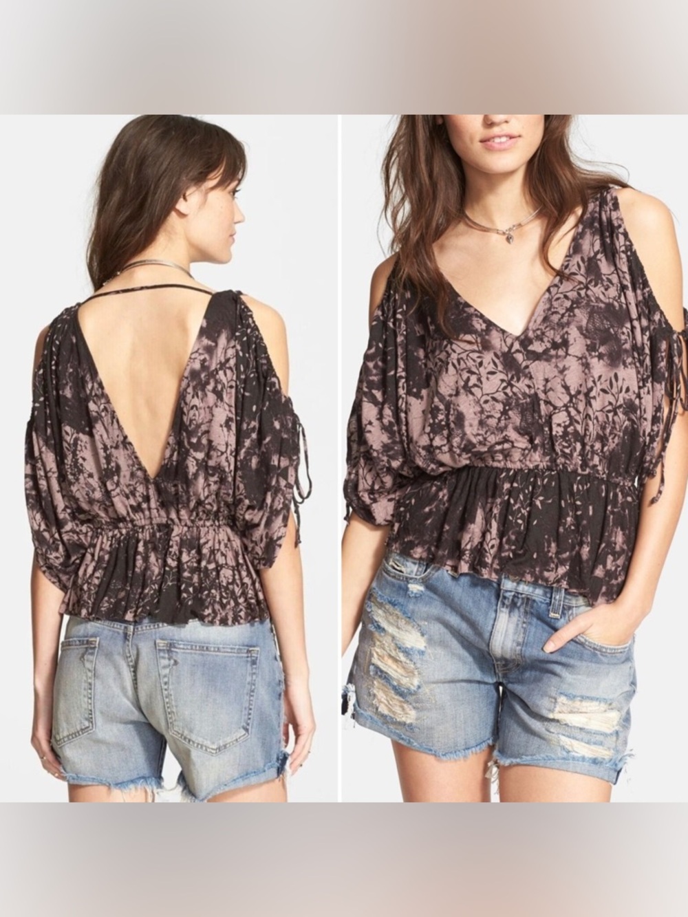 Free People Abracadabra Boho Linen Tie Dye Cold Shoulder Open Back Top Size S